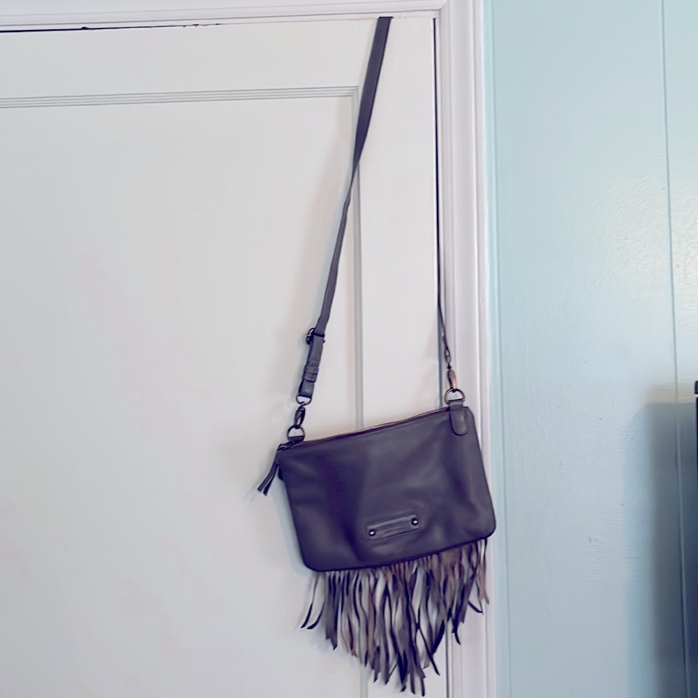 Lucky Brand grey leather crossbody purse with fringe